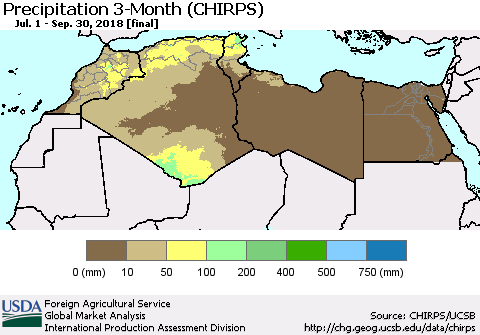 North Africa Precipitation 3-Month (CHIRPS) Thematic Map For 7/1/2018 - 9/30/2018