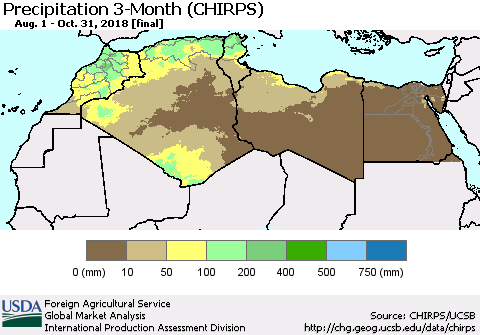 North Africa Precipitation 3-Month (CHIRPS) Thematic Map For 8/1/2018 - 10/31/2018
