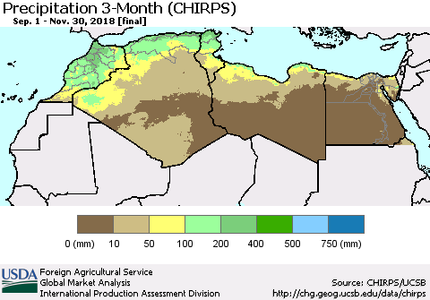 North Africa Precipitation 3-Month (CHIRPS) Thematic Map For 9/1/2018 - 11/30/2018