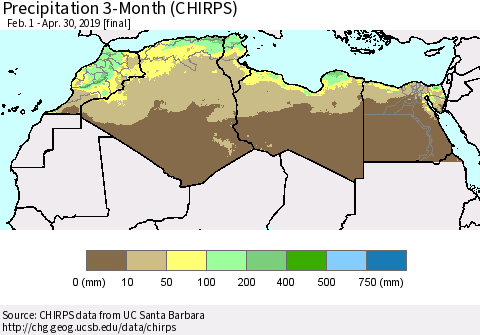 North Africa Precipitation 3-Month (CHIRPS) Thematic Map For 2/1/2019 - 4/30/2019