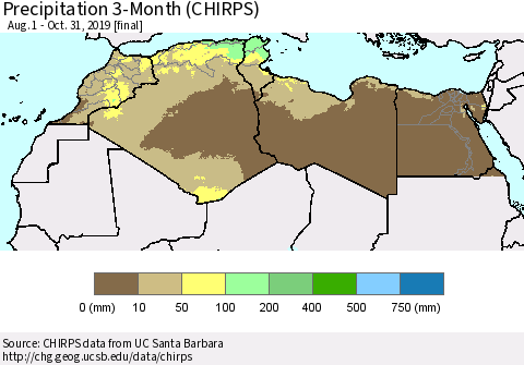 North Africa Precipitation 3-Month (CHIRPS) Thematic Map For 8/1/2019 - 10/31/2019