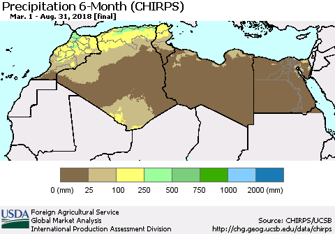 North Africa Precipitation 6-Month (CHIRPS) Thematic Map For 3/1/2018 - 8/31/2018