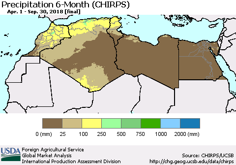 North Africa Precipitation 6-Month (CHIRPS) Thematic Map For 4/1/2018 - 9/30/2018