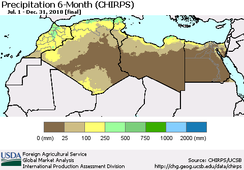 North Africa Precipitation 6-Month (CHIRPS) Thematic Map For 7/1/2018 - 12/31/2018