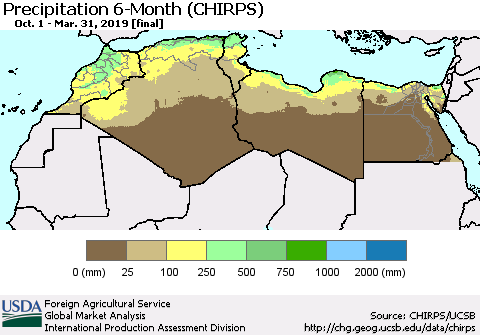 North Africa Precipitation 6-Month (CHIRPS) Thematic Map For 10/1/2018 - 3/31/2019