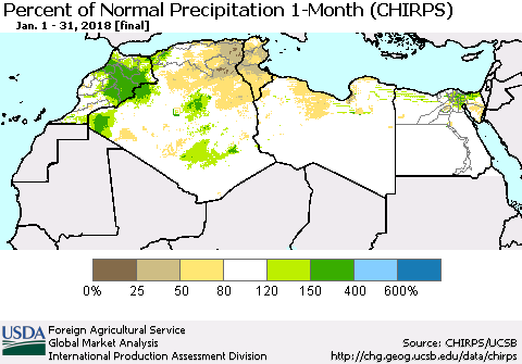 North Africa Percent of Normal Precipitation 1-Month (CHIRPS) Thematic Map For 1/1/2018 - 1/31/2018