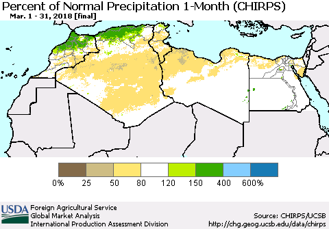 North Africa Percent of Normal Precipitation 1-Month (CHIRPS) Thematic Map For 3/1/2018 - 3/31/2018