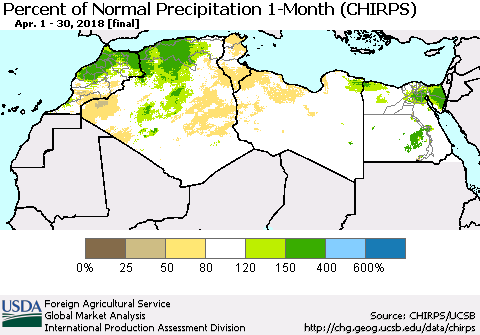 North Africa Percent of Normal Precipitation 1-Month (CHIRPS) Thematic Map For 4/1/2018 - 4/30/2018