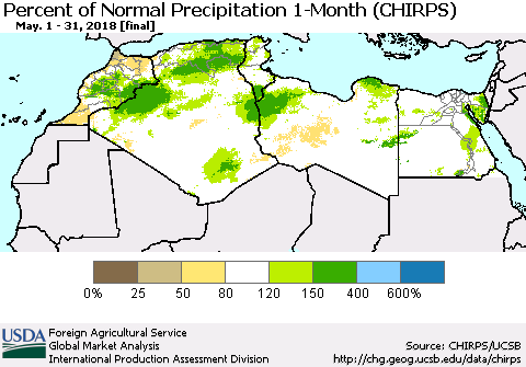 North Africa Percent of Normal Precipitation 1-Month (CHIRPS) Thematic Map For 5/1/2018 - 5/31/2018