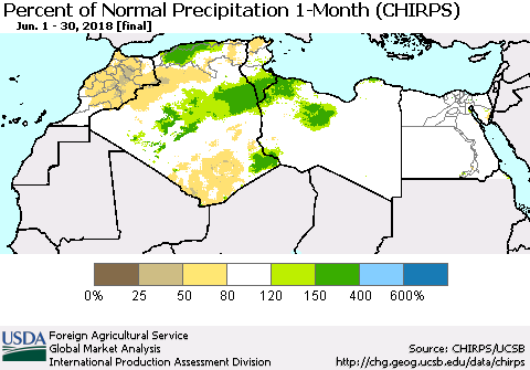 North Africa Percent of Normal Precipitation 1-Month (CHIRPS) Thematic Map For 6/1/2018 - 6/30/2018
