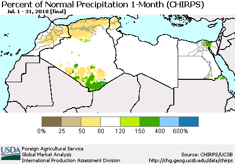 North Africa Percent of Normal Precipitation 1-Month (CHIRPS) Thematic Map For 7/1/2018 - 7/31/2018