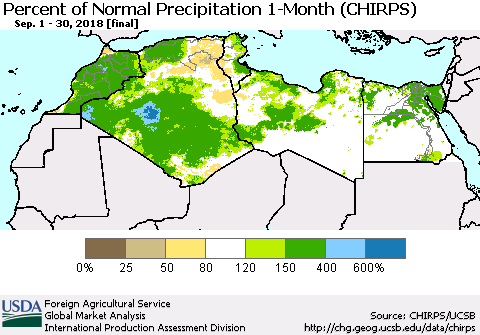 North Africa Percent of Normal Precipitation 1-Month (CHIRPS) Thematic Map For 9/1/2018 - 9/30/2018