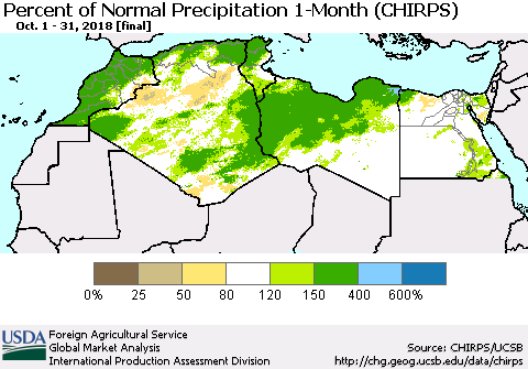 North Africa Percent of Normal Precipitation 1-Month (CHIRPS) Thematic Map For 10/1/2018 - 10/31/2018