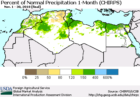 North Africa Percent of Normal Precipitation 1-Month (CHIRPS) Thematic Map For 11/1/2018 - 11/30/2018