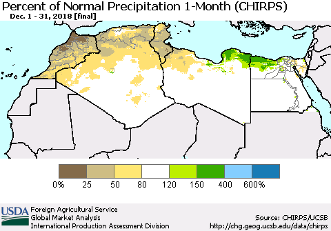 North Africa Percent of Normal Precipitation 1-Month (CHIRPS) Thematic Map For 12/1/2018 - 12/31/2018