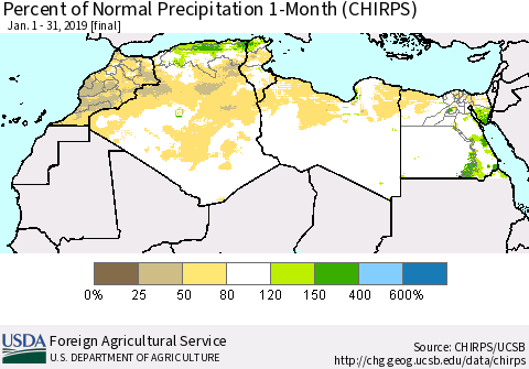 North Africa Percent of Normal Precipitation 1-Month (CHIRPS) Thematic Map For 1/1/2019 - 1/31/2019