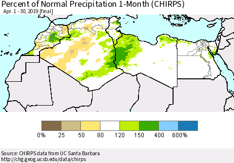 North Africa Percent of Normal Precipitation 1-Month (CHIRPS) Thematic Map For 4/1/2019 - 4/30/2019
