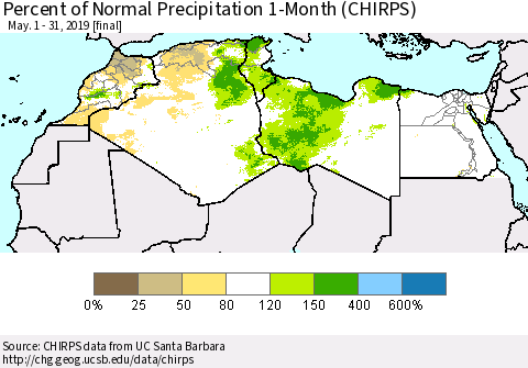 North Africa Percent of Normal Precipitation 1-Month (CHIRPS) Thematic Map For 5/1/2019 - 5/31/2019
