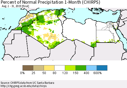 North Africa Percent of Normal Precipitation 1-Month (CHIRPS) Thematic Map For 8/1/2019 - 8/31/2019