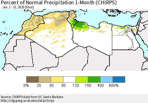 North Africa Percent of Normal Precipitation 1-Month (CHIRPS) Thematic Map For 1/1/2020 - 1/31/2020