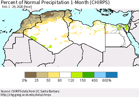 North Africa Percent of Normal Precipitation 1-Month (CHIRPS) Thematic Map For 2/1/2020 - 2/29/2020