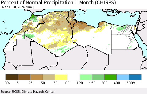 North Africa Percent of Normal Precipitation 1-Month (CHIRPS) Thematic Map For 3/1/2024 - 3/31/2024