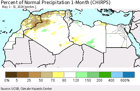 North Africa Percent of Normal Precipitation 1-Month (CHIRPS) Thematic Map For 5/1/2024 - 5/31/2024