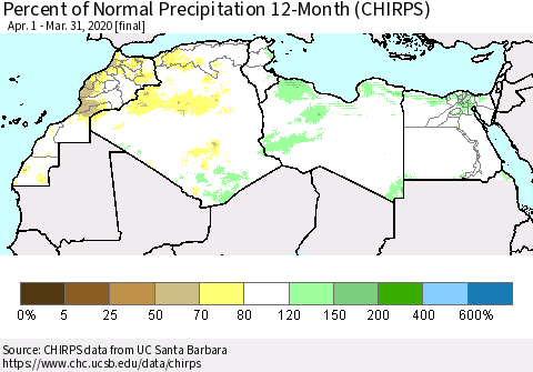 North Africa Percent of Normal Precipitation 12-Month (CHIRPS) Thematic Map For 4/1/2019 - 3/31/2020