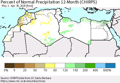 North Africa Percent of Normal Precipitation 12-Month (CHIRPS) Thematic Map For 5/1/2019 - 4/30/2020