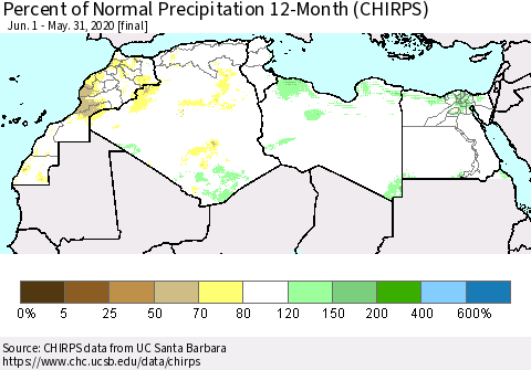 North Africa Percent of Normal Precipitation 12-Month (CHIRPS) Thematic Map For 6/1/2019 - 5/31/2020