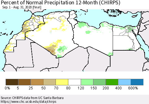 North Africa Percent of Normal Precipitation 12-Month (CHIRPS) Thematic Map For 9/1/2019 - 8/31/2020
