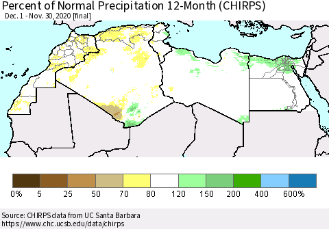 North Africa Percent of Normal Precipitation 12-Month (CHIRPS) Thematic Map For 12/1/2019 - 11/30/2020