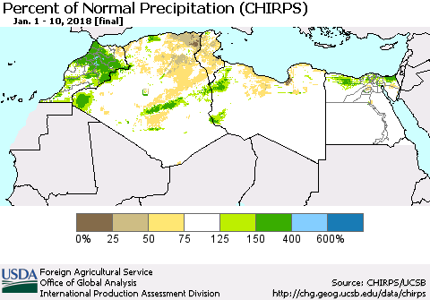 North Africa Percent of Normal Precipitation (CHIRPS) Thematic Map For 1/1/2018 - 1/10/2018