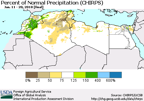 North Africa Percent of Normal Precipitation (CHIRPS) Thematic Map For 1/11/2018 - 1/20/2018