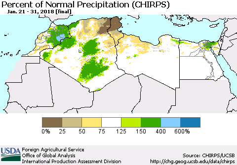 North Africa Percent of Normal Precipitation (CHIRPS) Thematic Map For 1/21/2018 - 1/31/2018