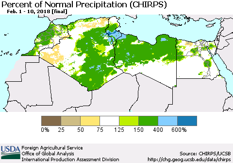 North Africa Percent of Normal Precipitation (CHIRPS) Thematic Map For 2/1/2018 - 2/10/2018