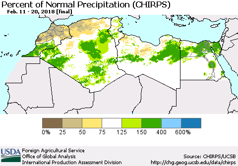 North Africa Percent of Normal Precipitation (CHIRPS) Thematic Map For 2/11/2018 - 2/20/2018
