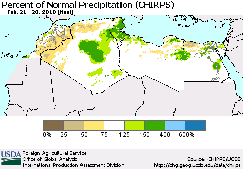 North Africa Percent of Normal Precipitation (CHIRPS) Thematic Map For 2/21/2018 - 2/28/2018