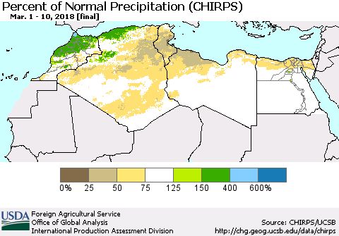 North Africa Percent of Normal Precipitation (CHIRPS) Thematic Map For 3/1/2018 - 3/10/2018
