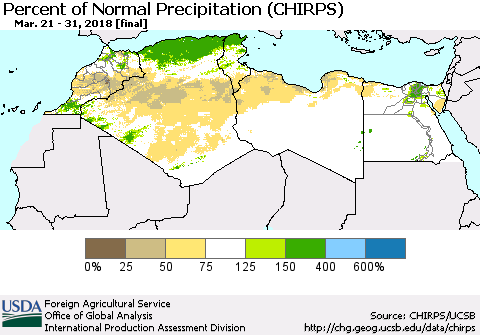 North Africa Percent of Normal Precipitation (CHIRPS) Thematic Map For 3/21/2018 - 3/31/2018