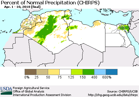 North Africa Percent of Normal Precipitation (CHIRPS) Thematic Map For 4/1/2018 - 4/10/2018