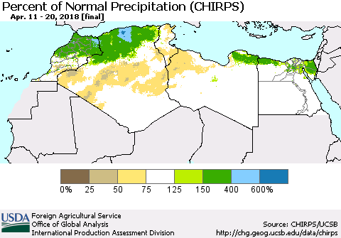 North Africa Percent of Normal Precipitation (CHIRPS) Thematic Map For 4/11/2018 - 4/20/2018