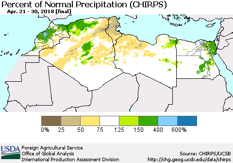 North Africa Percent of Normal Precipitation (CHIRPS) Thematic Map For 4/21/2018 - 4/30/2018