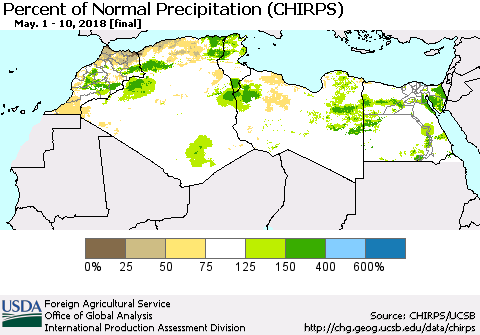 North Africa Percent of Normal Precipitation (CHIRPS) Thematic Map For 5/1/2018 - 5/10/2018