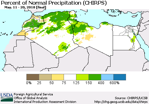 North Africa Percent of Normal Precipitation (CHIRPS) Thematic Map For 5/11/2018 - 5/20/2018