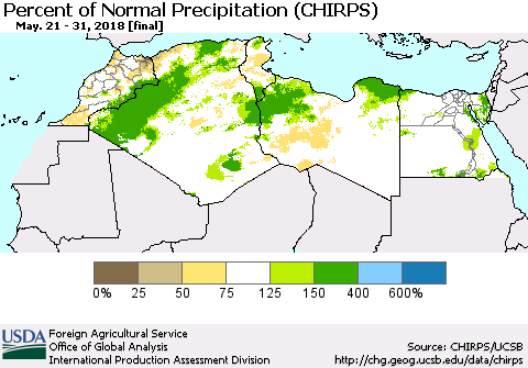 North Africa Percent of Normal Precipitation (CHIRPS) Thematic Map For 5/21/2018 - 5/31/2018