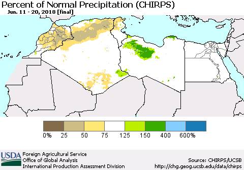 North Africa Percent of Normal Precipitation (CHIRPS) Thematic Map For 6/11/2018 - 6/20/2018