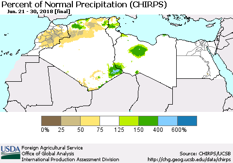 North Africa Percent of Normal Precipitation (CHIRPS) Thematic Map For 6/21/2018 - 6/30/2018