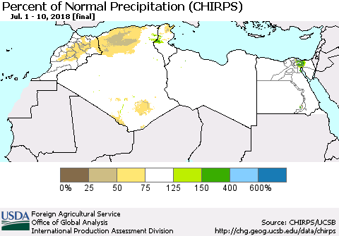 North Africa Percent of Normal Precipitation (CHIRPS) Thematic Map For 7/1/2018 - 7/10/2018