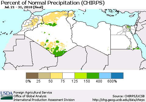North Africa Percent of Normal Precipitation (CHIRPS) Thematic Map For 7/21/2018 - 7/31/2018